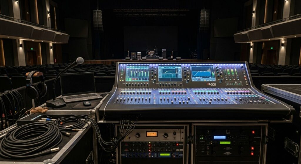 Live sound mixing setup with FOH console and stage monitors