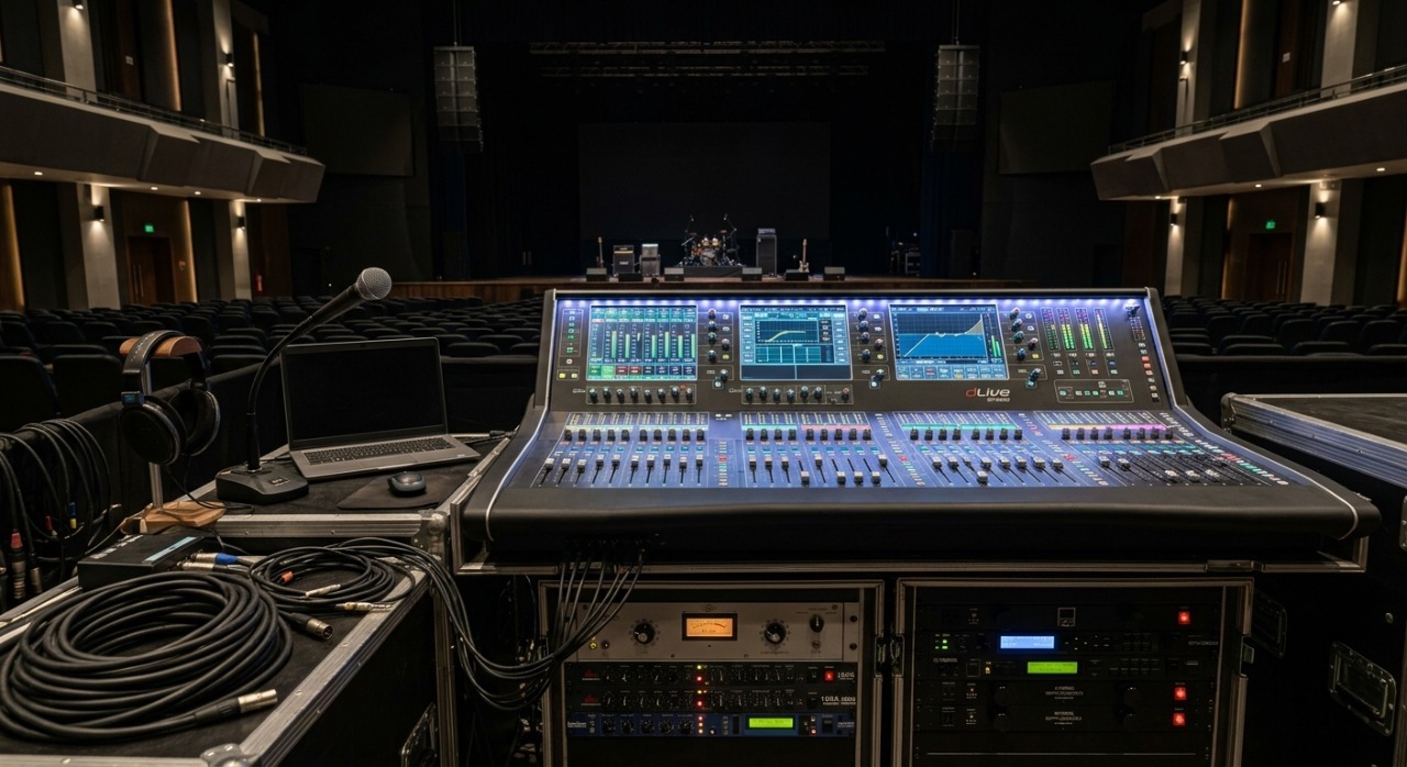Live sound mixing setup with FOH console and stage monitors